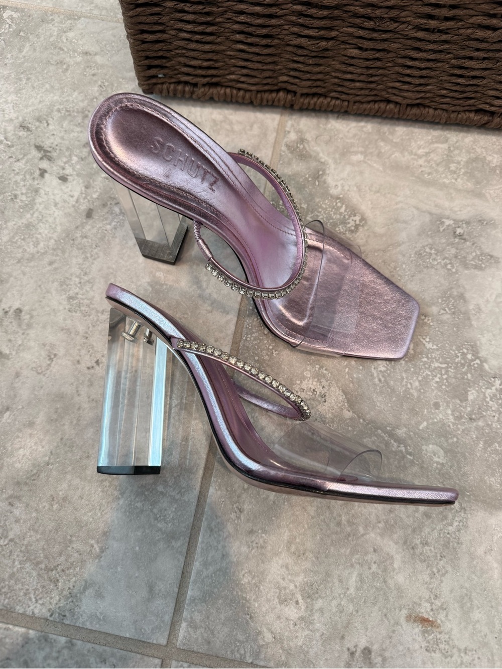 SCHUTZ Ariellen Crystal Vinyl Lucite Heels – Size 8.5